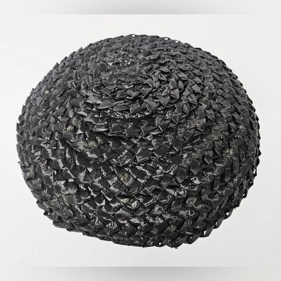 Vintage 1950s Glossy Black Woven Straw Saucer Mushroom Brim Hat W/ Rhinestones - Picture 3 of 3